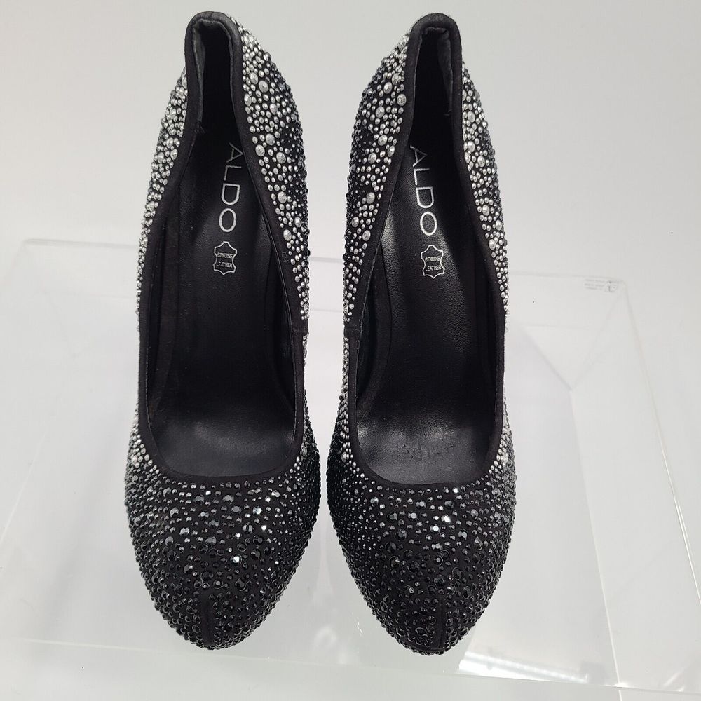 Aldo Black Satin & Rhinestone Stiletto Platform Pumps Size 9 - Picture 1 of 10